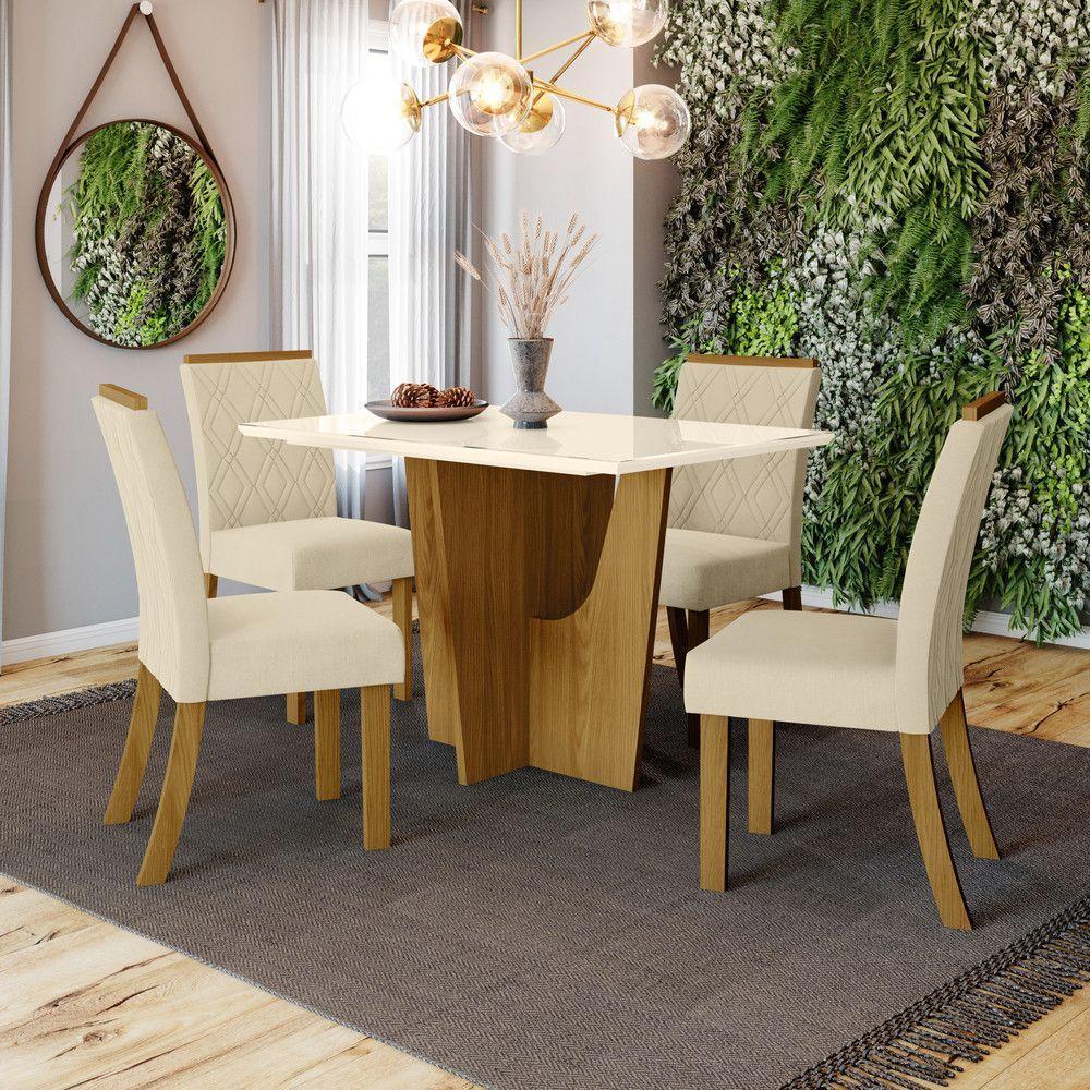 Conjunto Sala De Jantar Tampo Mdf Canto Reto Com Vidro 120 Cm 04 Cadeiras Kateryna Henn Nature Com Off White E Linho - 1