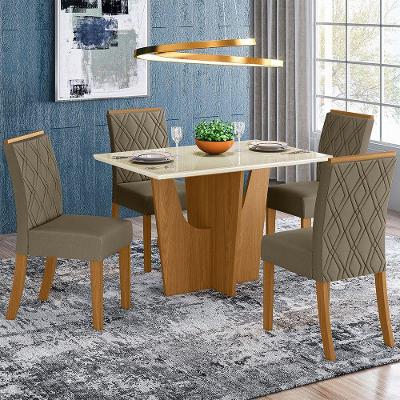 Conjunto Sala De Jantar Tampo Mdf Canto Reto Com Vidro 120 Cm 04 Cadeiras Andressa Henn Nature Com Off White E Bege