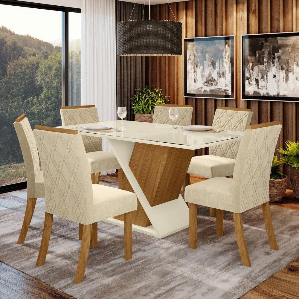 Conjunto Sala De Jantar Tampo Mdf Canto Reto Com Vidro 160 Cm 06 Cadeiras Sabrina Henn Nature Com Off White E Linho - 1