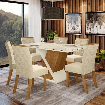 Conjunto Sala De Jantar Tampo Mdf Canto Reto Com Vidro 160 Cm 06 Cadeiras Sabrina Henn Nature Com Off White E Linho