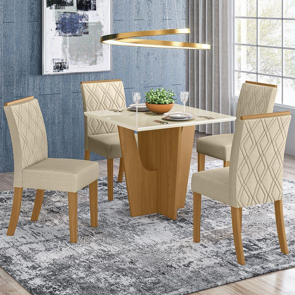 Conjunto Sala De Jantar Tampo Mdf Canto Reto Com Vidro 90 Cm 04 Cadeiras Andressa Henn Nature Com Off White E Linho - 1