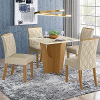 Conjunto Sala De Jantar Tampo Mdf Canto Reto Com Vidro 90 Cm 04 Cadeiras Andressa Henn Nature Com Off White E Linho - 1