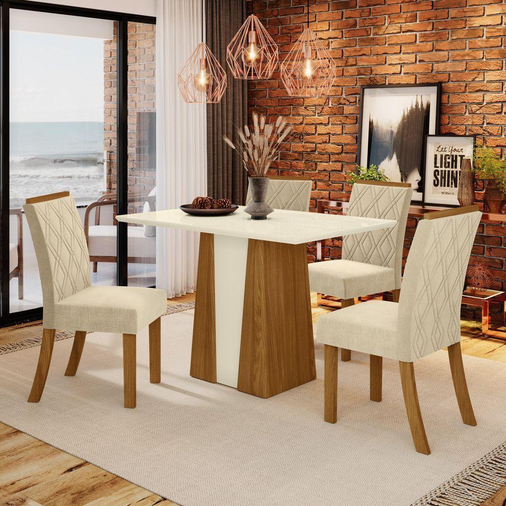 Conjunto Sala De Jantar Tampo Mdf Canto Reto 120 Cm 04 Cadeiras Daryna Henn Nature Com Off White E Linho - 1