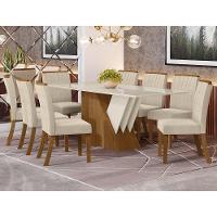 Conjunto Sala De Jantar Tampo Mdf Canto Reto Com Vidro 200 Cm 08 Cadeiras Liane Henn Nature Com Off White E Linho - 1