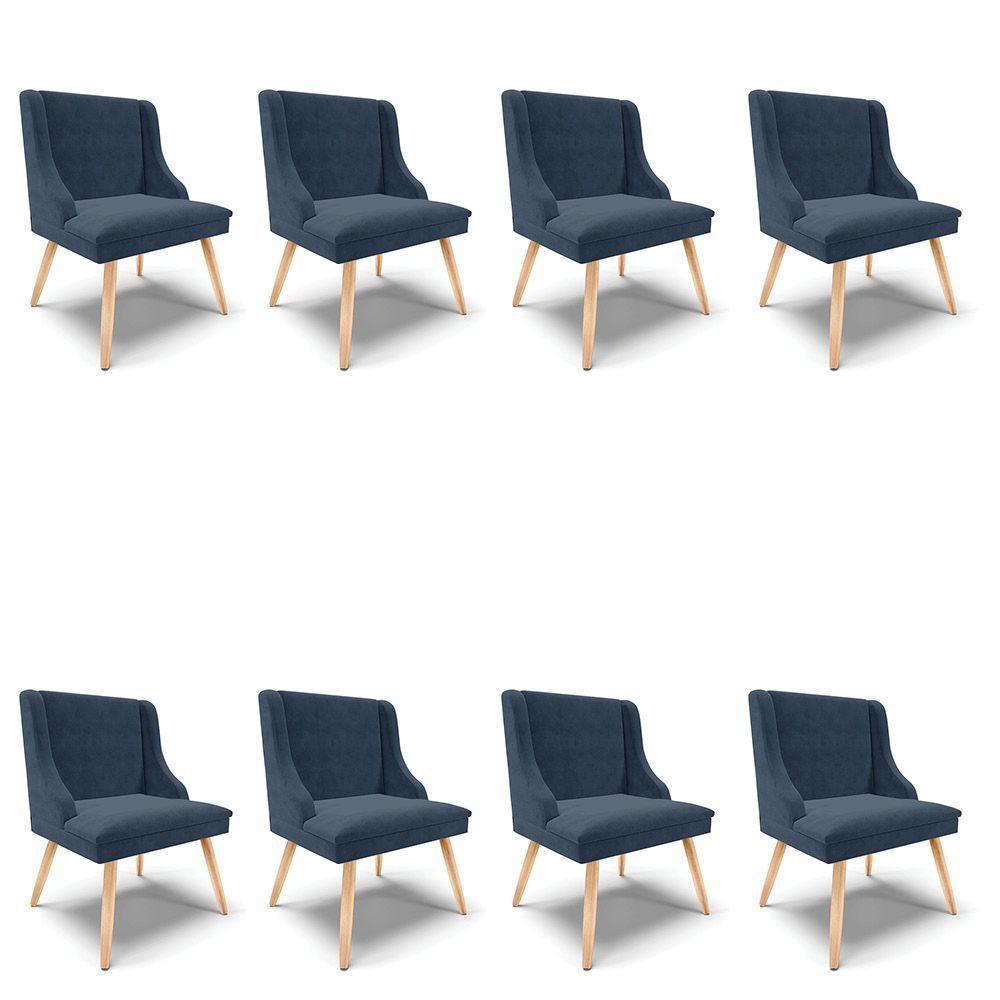 Kit 08 Cadeiras De Jantar Liz Suede Azul Marinho Pés Palito Natural - 1