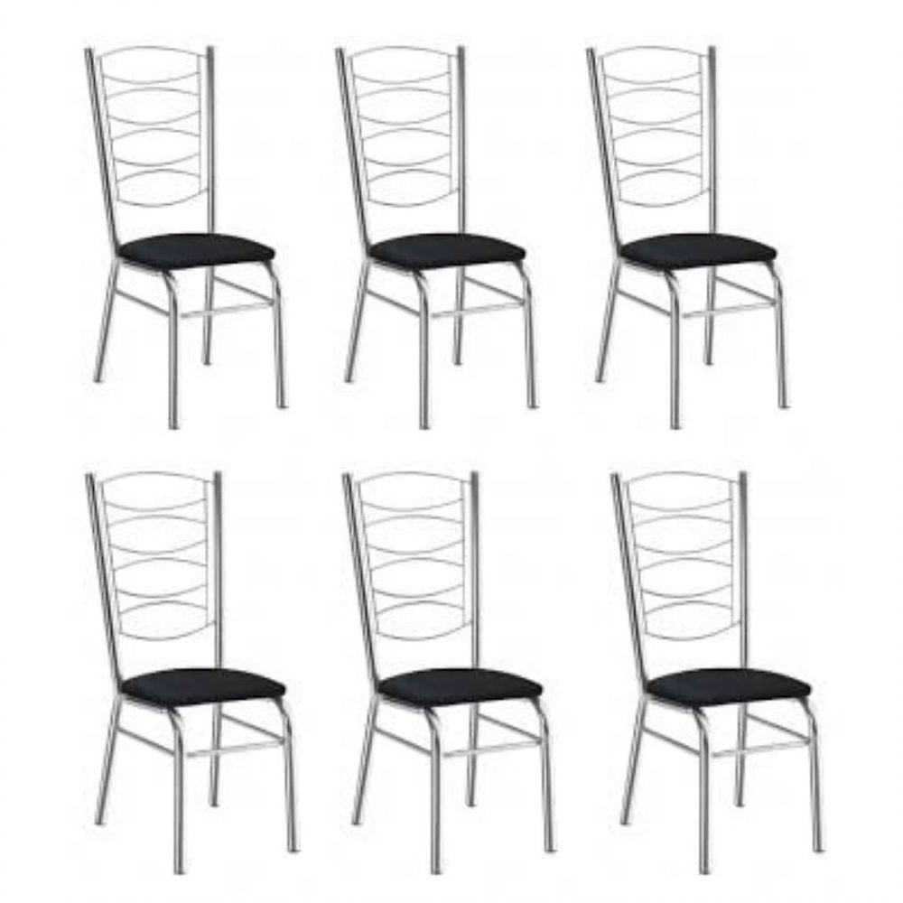 Kit 6 Cadeiras Gisele Cromada Com Reforço-assento Corino Preto - 1