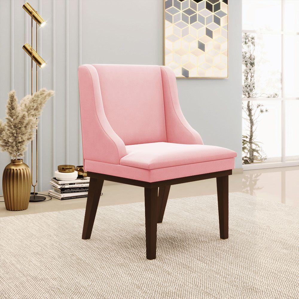 Kit 06 Cadeiras De Jantar Suede Rosa Bebê Base Madeira - 3