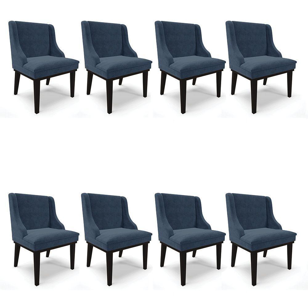 Kit 08 Cadeiras De Jantar Suede Azul Marinho Base Madeira - 1