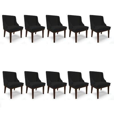 Kit 10 Cadeiras De Jantar Linho Base Madeira Cor A79 Preto