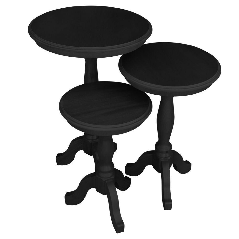 Conjunto 3 Mesas de Apoio Lateral Redonda Madeira Maciça Jovi Preto Fosco Gran Belo - 1