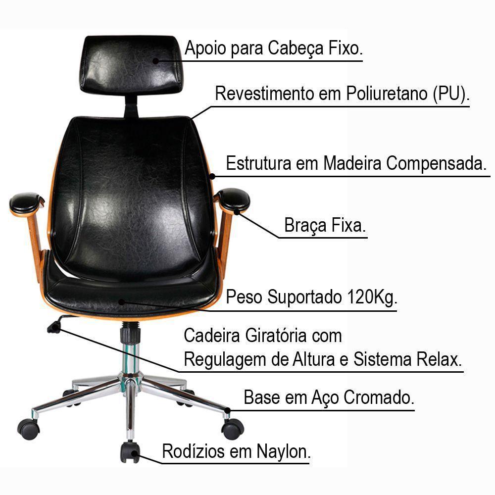 Kit 02 Cadeiras de Escritório Presidente Giratória com Regulagem de Altura Akon Pu Preto Gran Belo - 3