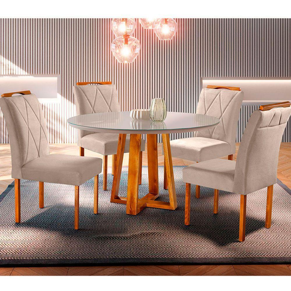 Conjunto Sala De Jantar Natalle Mesa Redonda 100 Cm E 4 Cadeiras Moveis Mix Mel/off White/ Bege Areia - 1