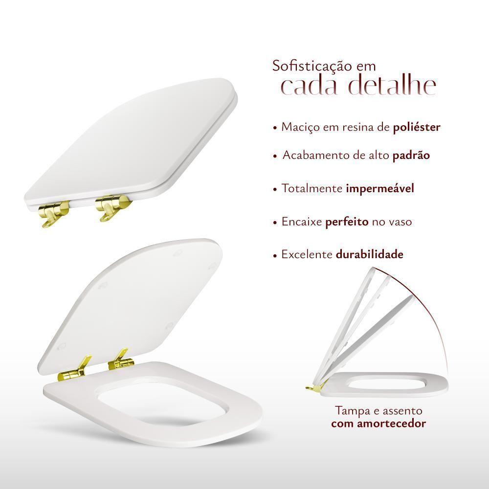 Assento Poliester Soft Close Antimicrobiano Unic Branco Para Vaso Deca Com Ferragem Dourada - 5
