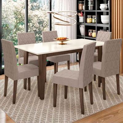Conjunto Sala De Jantar Mesa Liz 6 Cadeiras Jade Poliman Amêndoa Com Off White