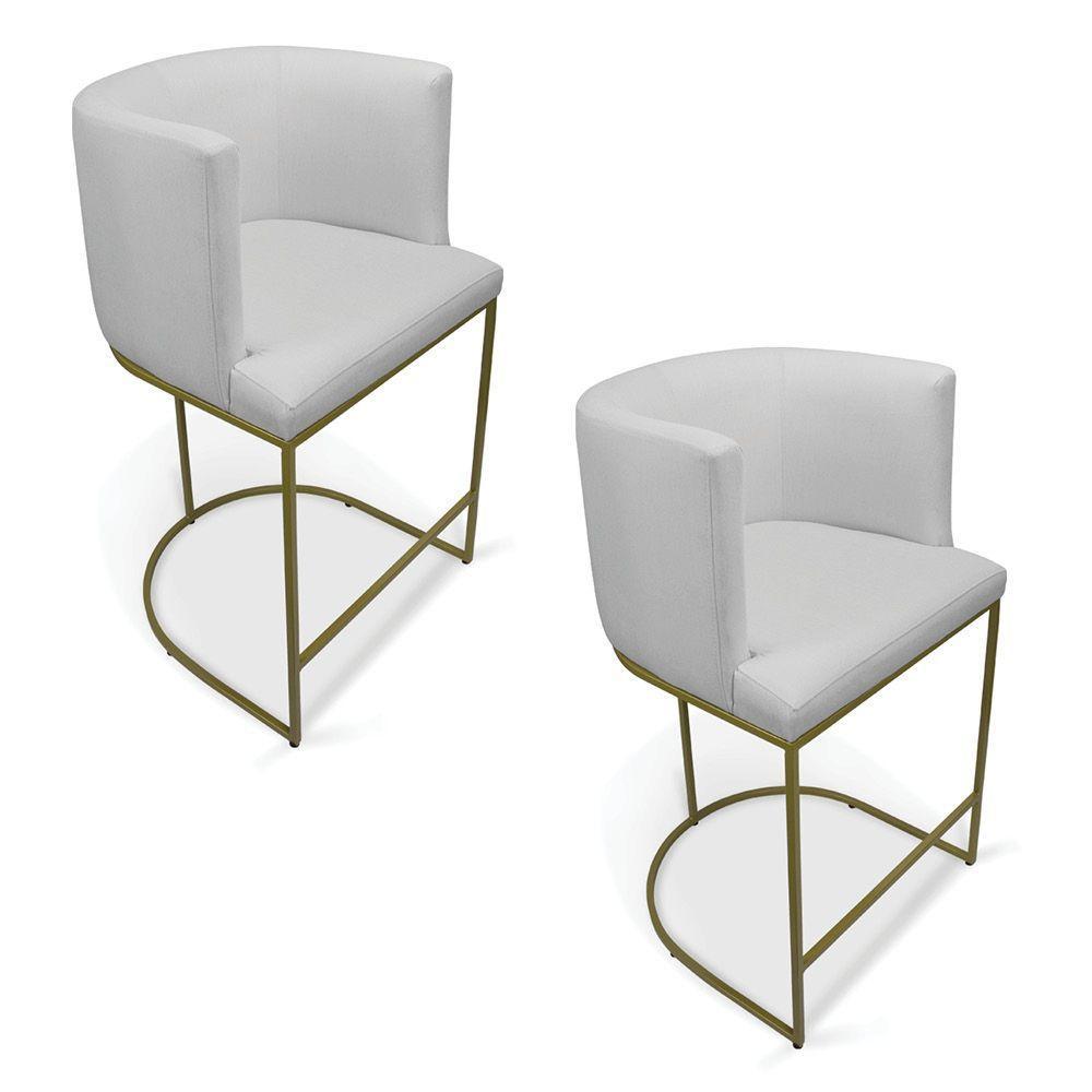 Kit 2 Banquetas Paola Linho Base Metálica Dourada - D'rossi Cor A05 Cinza - 1