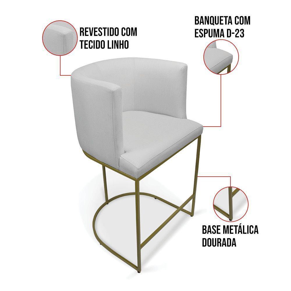 Kit 2 Banquetas Paola Linho Base Metálica Dourada - D'rossi Cor A05 Cinza - 2