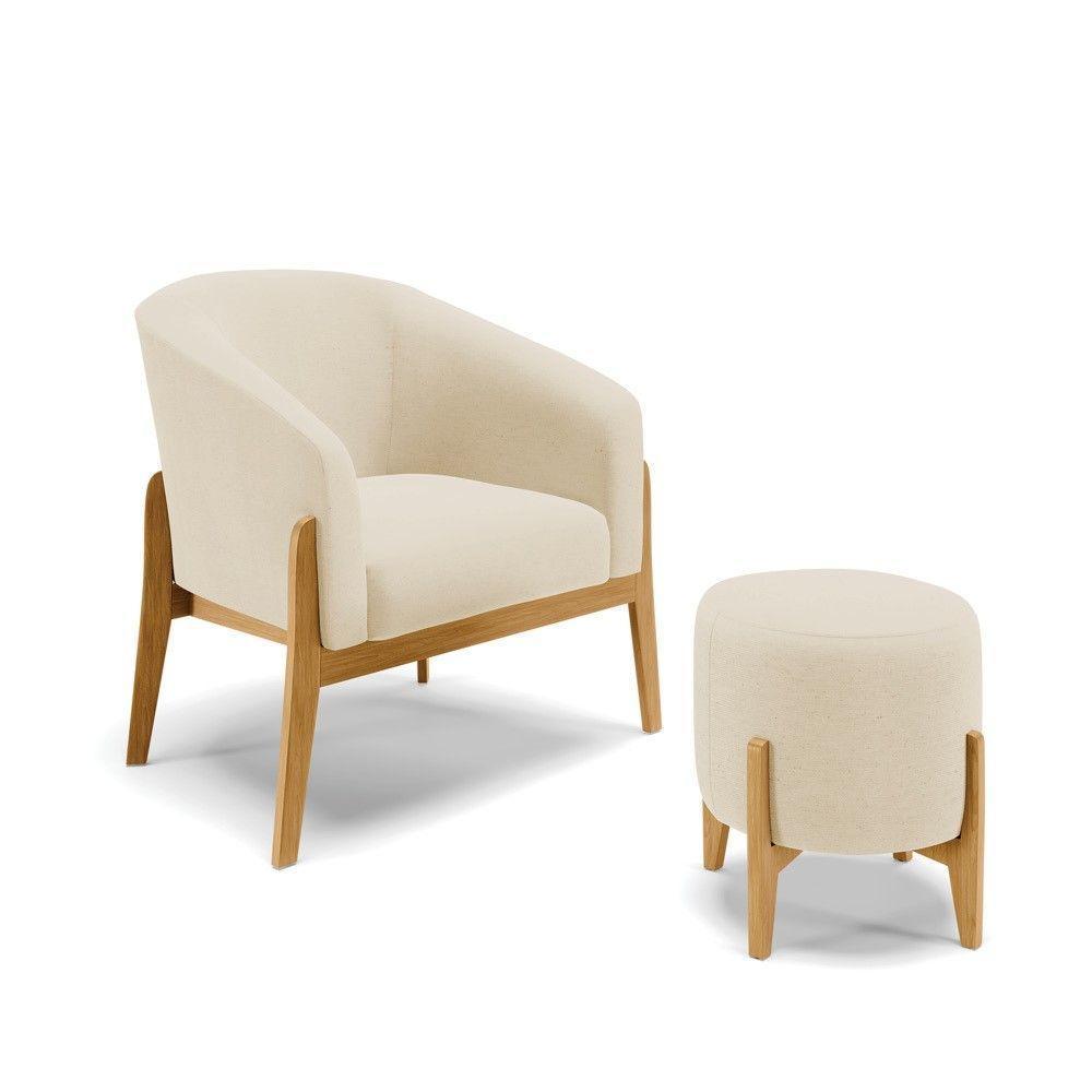 Kit Poltrona E Puff Base Madeira Castanho Cor A19 Bege - 1