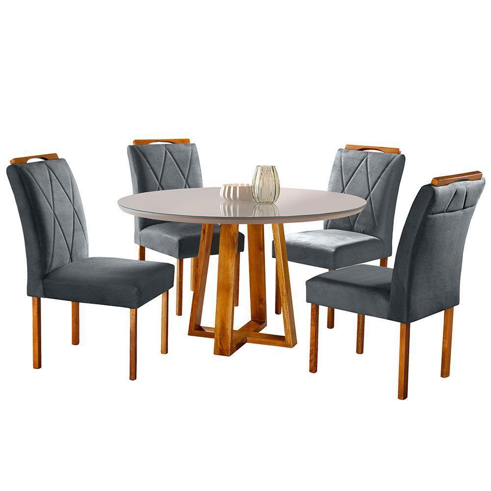 Conjunto Sala De Jantar Natalle 4 Lugares Com Mesa Redonda E Tampo Em Vidro 1,2m E 4 Cadeiras Móveis Mundial Mel/offwhite/cinza Profundo - 6
