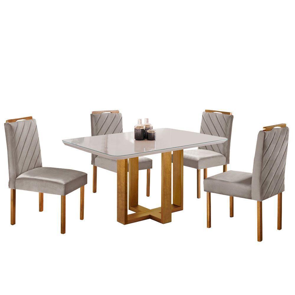 Kit Sala De Jantar 4 Lugares Mesa Lisy E Cadeiras Jade Veludo Off White Com Marrom Acinzentado - 6