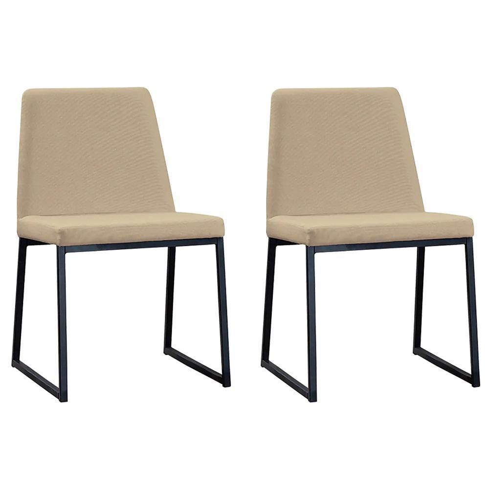 Kit 2 Cadeiras Estofadas Base Aço Preto F37 Linho Bege Dmobiliario Bege - 5