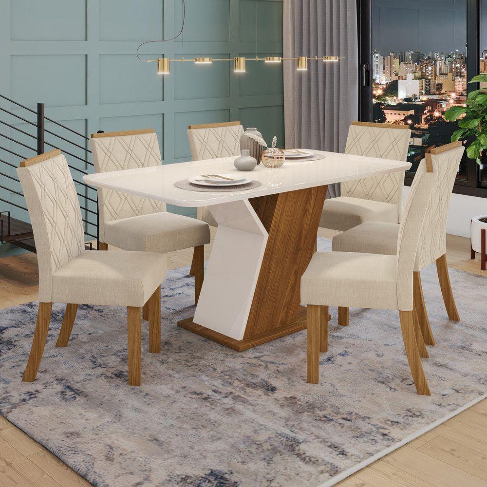 Conjunto Sala De Jantar Tampo Mdf Com Vidro Canto Arredondado 160 Cm 06 Cadeiras Lupita Casa 812 Nature Com Off White E Linho - 1