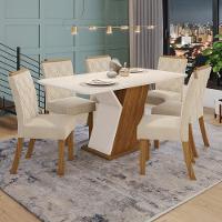Conjunto Sala De Jantar Tampo Mdf Com Vidro Canto Arredondado 160 Cm 06 Cadeiras Lupita Casa 812 Nature Com Off White E Linho - 1