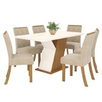 Conjunto Sala De Jantar Tampo Mdf Com Vidro Canto Arredondado 160 Cm 06 Cadeiras Lupita Casa 812 Nature Com Off White E Linho - 6