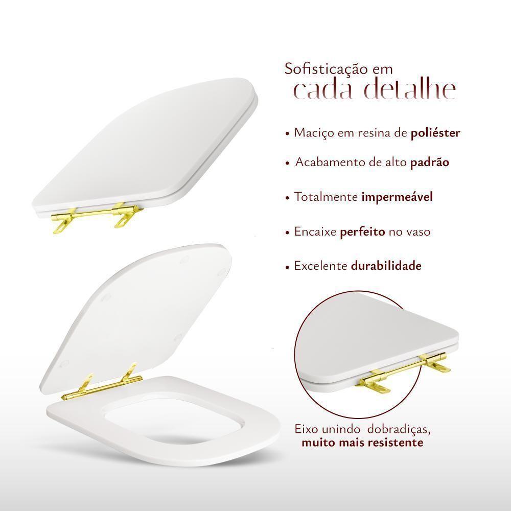 Assento Sanitário Poliéster Antibacteriano Quadra Branco Para Vaso Deca Com Ferragem Dourada - 5