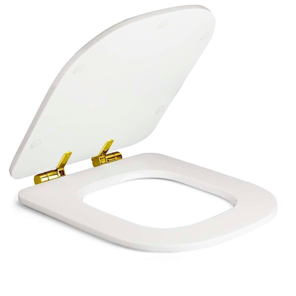 Assento Poliester Soft Close Antimicrobiano Quadra Branco Para Vaso Deca Com Ferragem Dourada - 8