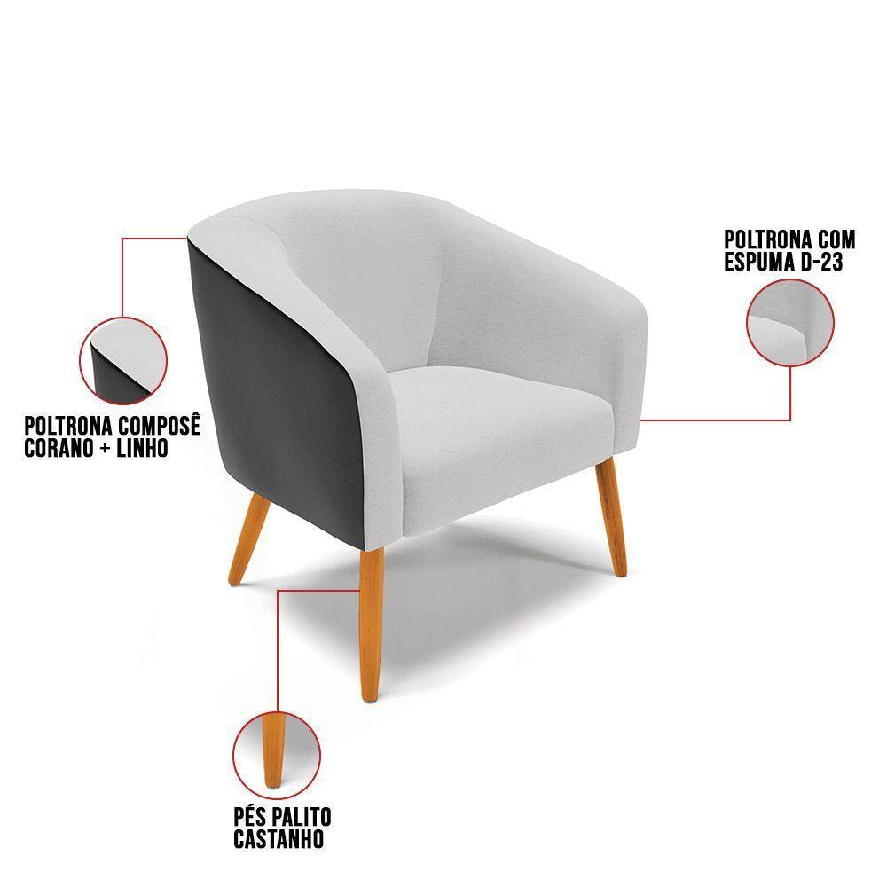 Poltrona Corano Preto Com Linho Cinza Pés Palito Castanho - 3