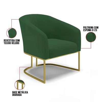 Kit 02 Poltronas Stella Veludo Base Metálica Industrial Dourado - D'rossi Cor Verde