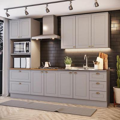 Cozinha Completa Amy 9 Portas 5 Gavetas MDF 271.5cm Cinza com Balcão Pia e Aéreo