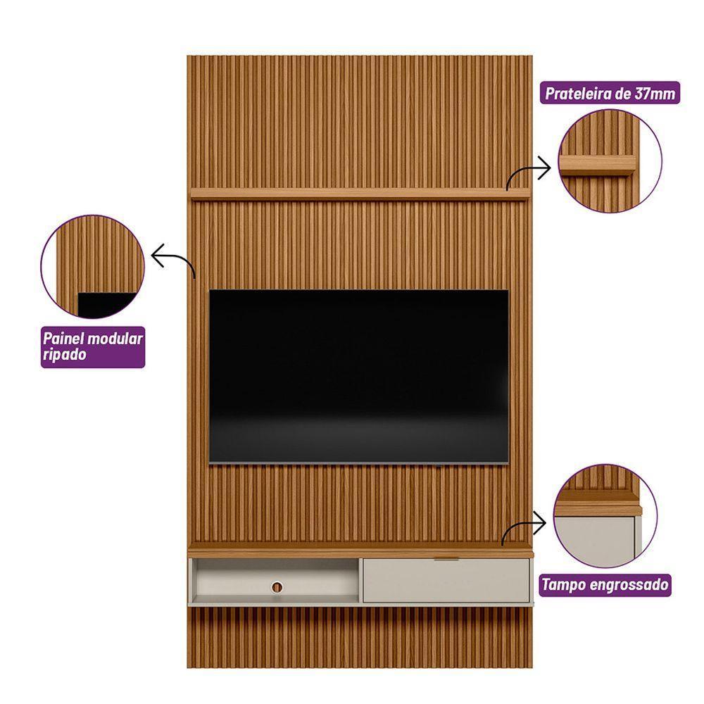 Painel Ripado Marisa Com 1 Nicho Com Tampo Engrossado E 1 Prateleira Nature E Off White 140x250 Cm - 3
