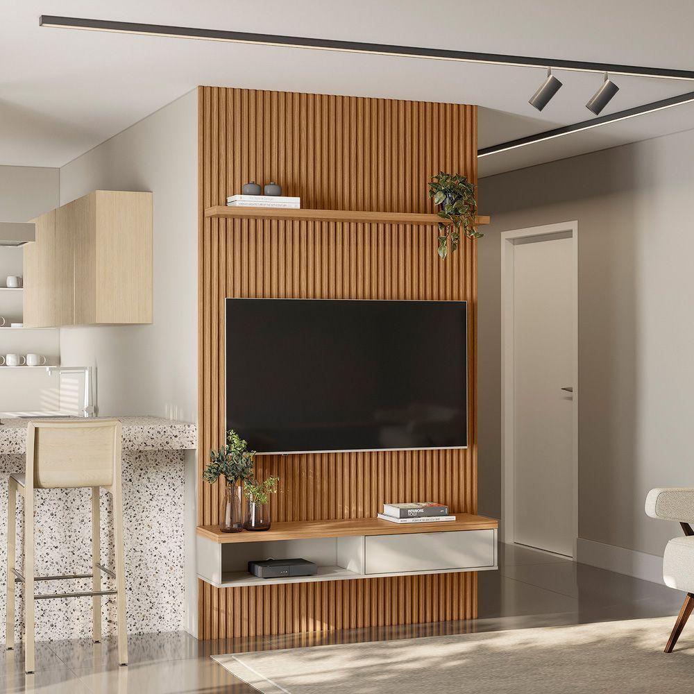 Painel Ripado Marisa Com 1 Nicho Com Tampo Engrossado E 1 Prateleira Nature E Off White 140x250 Cm - 9