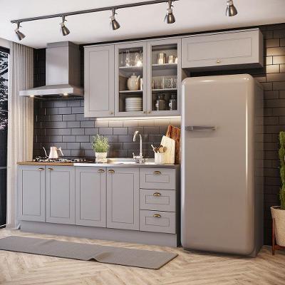 Cozinha Compacta com Aéreo para Geladeira Amy 8 Portas 3 Gavetas MDF 280cm Cinza