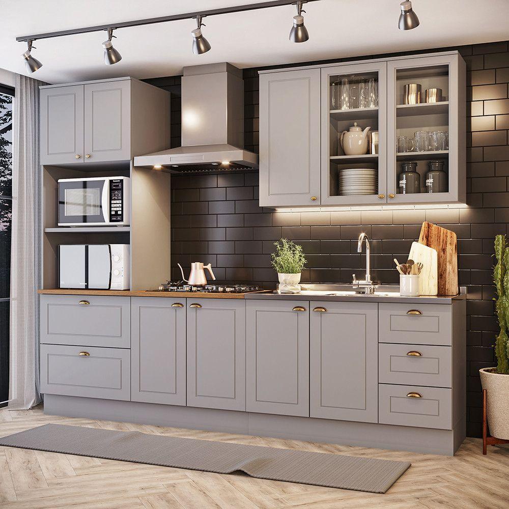Cozinha Completa 4 Peças Com Aéreo 3 Portas Com Vidro Amy Casa 812 Cinza - 1