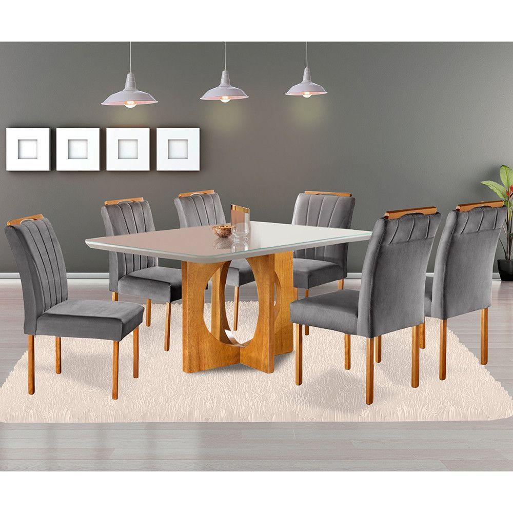 Conjunto Sala De Jantar 6 Lugares Mesa Barcelona E Cadeiras Em Veludo Móveis Mix Mel/Off White/Cinza - 1