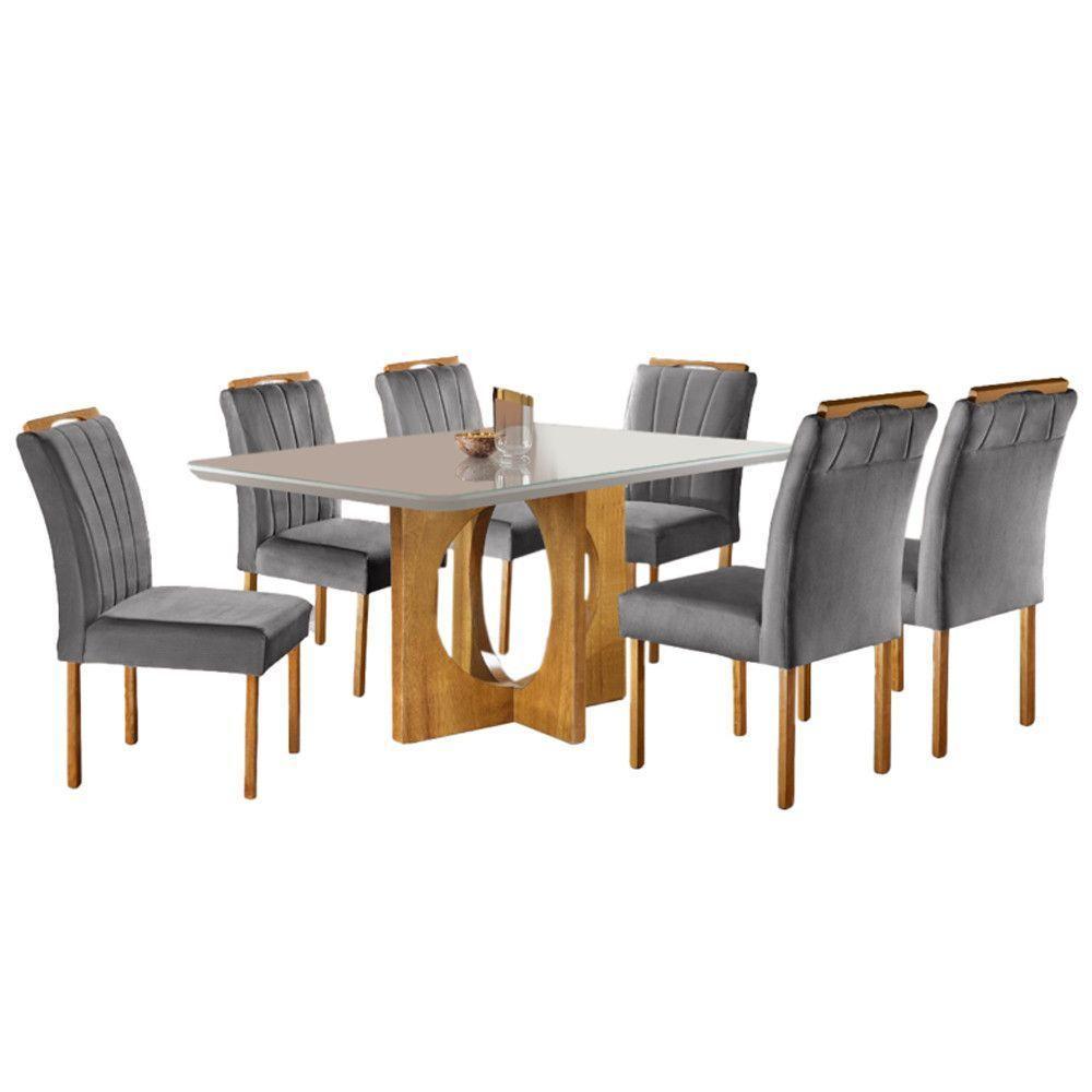 Conjunto Sala De Jantar 6 Lugares Mesa Barcelona E Cadeiras Em Veludo Móveis Mix Mel/Off White/Cinza - 4