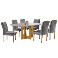 Conjunto Sala De Jantar 6 Lugares Mesa Barcelona E Cadeiras Em Veludo Móveis Mix Mel/Off White/Cinza