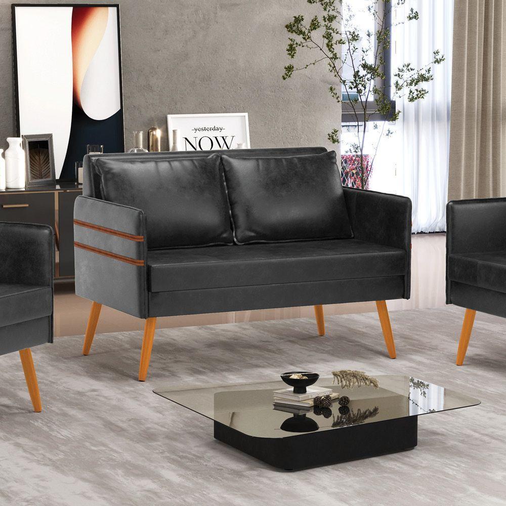 Namoradeira 02 Lugares Mari Corano Preto Pés Palito Castanho - 8