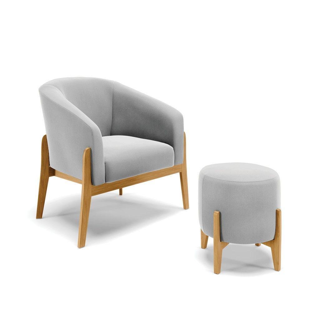 Kit 01 Poltrona E 01 Puff Base Madeira Castanho Cor Cinza - 1