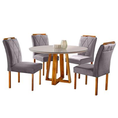 Conjunto Sala De Jantar Natalle E Rubi 4 Lugares Mesa Redonda 1m E 4 Cadeiras Moveis Mix Mel Off-white E Cinza Grafite