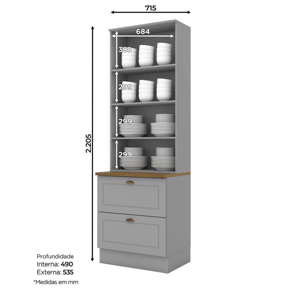 Cristaleira 2 Portas 2 Gavetas Americana Henn Cinza Com Nature - 2
