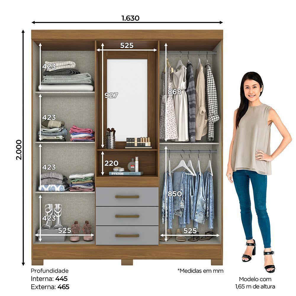 Guarda Roupa Casal 4 Portas Com Espelho 3 Gavetas Ryan Casa 812 Nature Com Cinza - 8