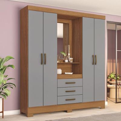 Guarda Roupa Casal Ryan 4 Portas Bater 3 Gavetas Nature-Cinza MDF com Espelho Casa 812