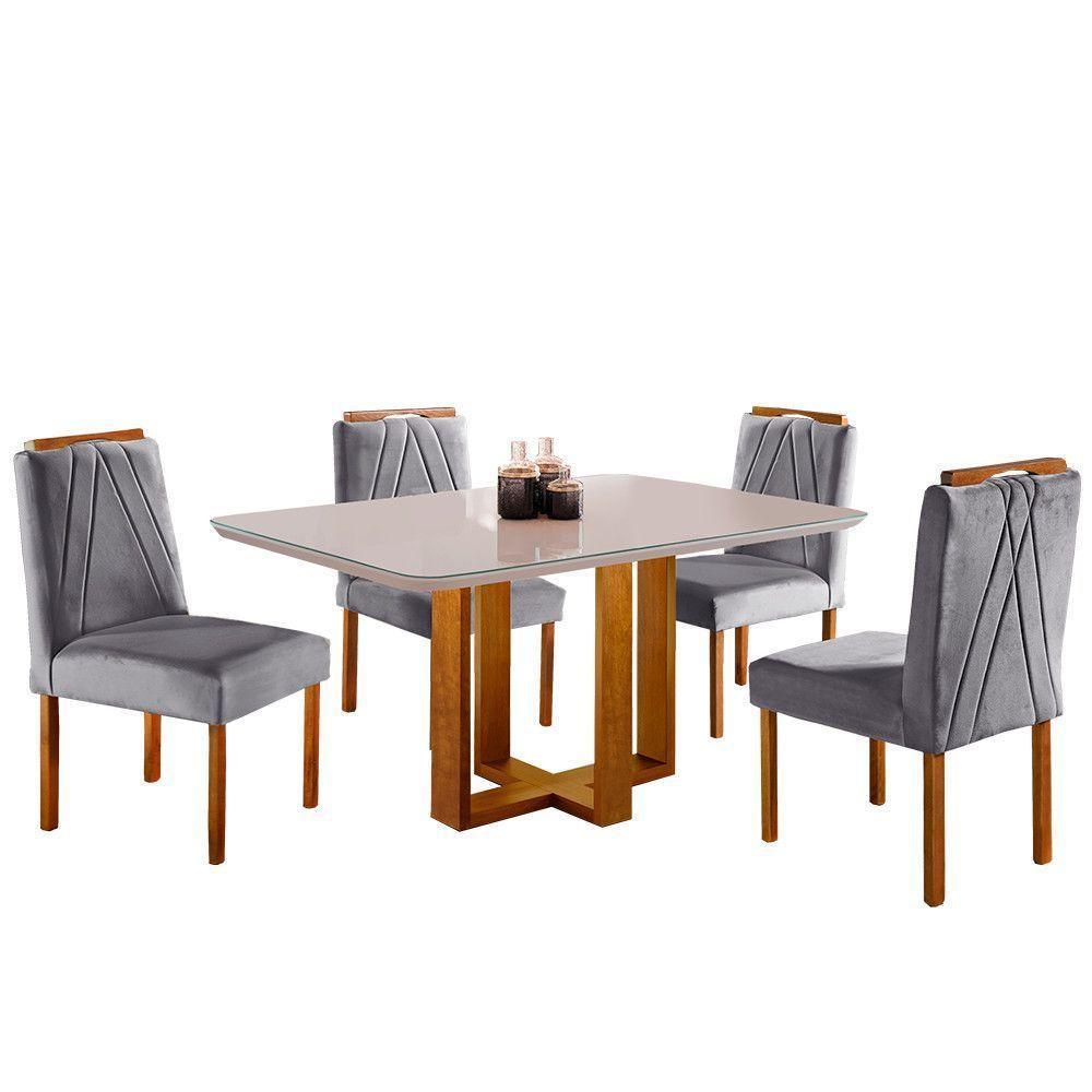 Conjunto Sala De Jantar Mesa E 4 Cadeiras Madeira Maciça Madri Linho Cinza Mel/off White/cinza Claro - 2
