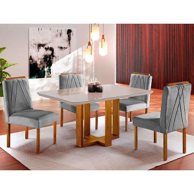 Conjunto Sala de Jantar Madri 4 Lugares Tampo de Vidro com Cadeiras em Linho Cinza
