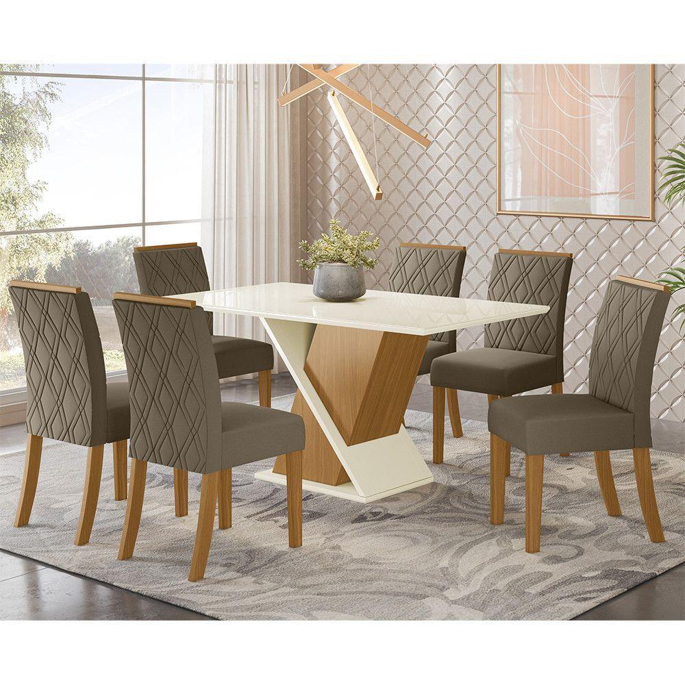 Conjunto Sala De Jantar Tampo Mdf Canto Reto Com Vidro 160 Cm 06 Cadeiras Indy Henn Nature Com Off White E Bege - 1