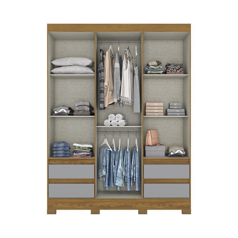 Guarda Roupa Casal 03 Portas 04 Gavetas B55 Briz Nature Com Cinza - 3