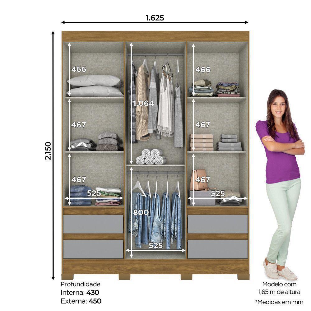 Guarda Roupa Casal 03 Portas 04 Gavetas B55 Briz Nature Com Cinza - 4